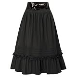 Falda Decorada con Cinturón Vintage para Mujer Falda Acampanada Escalonada De Cintura Alta Elástica con Bolsillos Falda Midi para Mujer De Oficina-Negro-XL