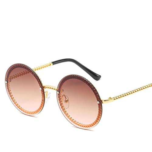 HUSHH Grandes Gafas de Sol Redondas Marco de Metal de Mujeres Vintage Luxury Luxury Clear Sun Gafas Men Femenino Verano-Gold Double Tea,1 pcs