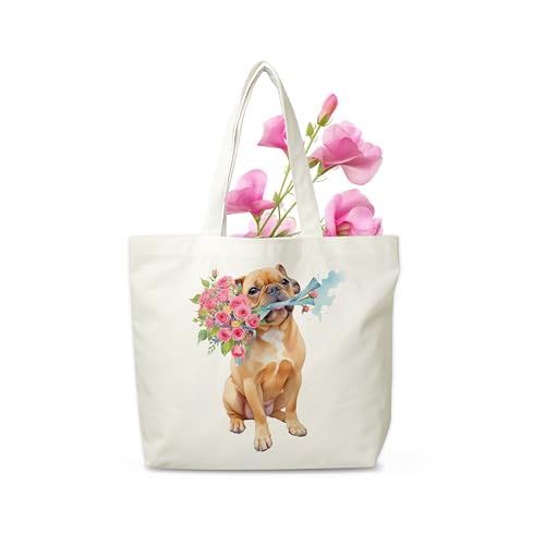 Dog Flowers Canvas Tote Bag, French Bulldog Aesthetic Grocery Bag, Floral Puppy Beach Bag Gifts For Women Dog Mom Dog Owner Dog Lovers Friends Family, Funny Doggie Reusable Shopping Bag, 04