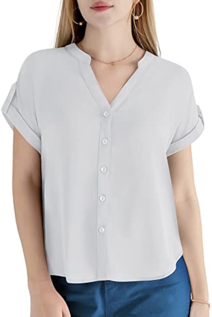 EZEN Casual V Neck Short Sleeve Button Down Shirts for Women