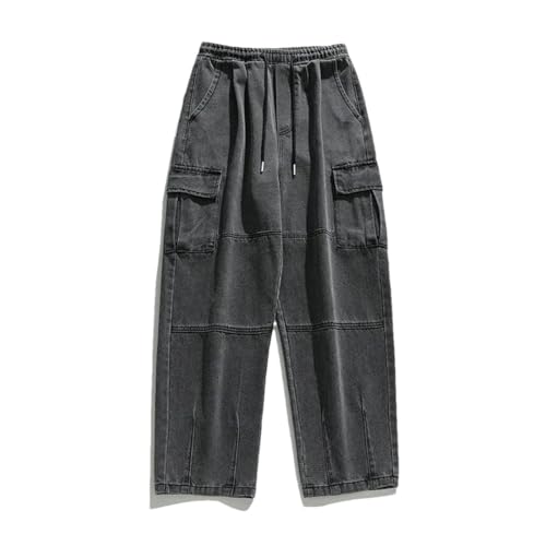 Men’S Loose Fit Straight Leg Workwear Jeans with Drawstring Mid Waist Casual Multi-Pocket Pants