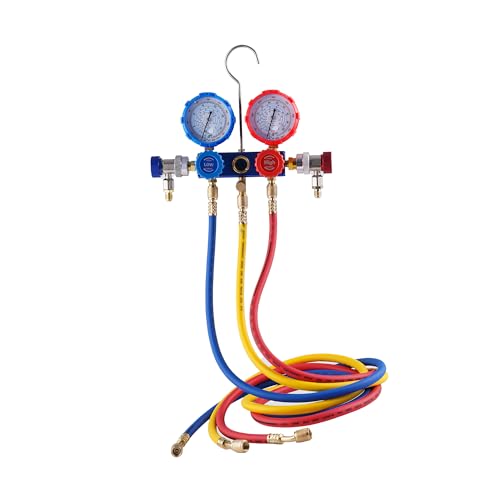 FAITIO 3-Way AC Manifold Gauge Set for R22 R134A R410A R404A ac Gauge Set Includes Puncturing Can Tap Quick Couplers Valve Core Tool Car & Home Air Conditioning Maintenance