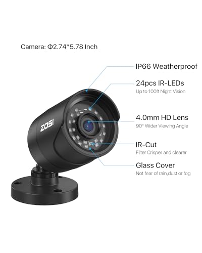 Image of ZOSI 4 x 1080p HD Home Security Camera Outdoor Indoor, 2MP Bullet Camera | IP66 Weatherproof Surveillance CCTV Camera with 24 LEDs, 100ft IR Night Vision, 90 Wide Angle, 1920TVI