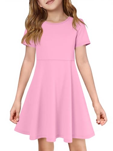 ZDC Girls Short Sleeve Casual Dresses Summer Kids A Line Flowy Skater Dress