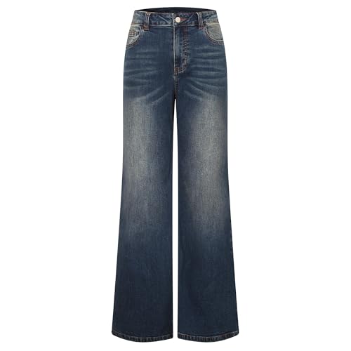 Women's Stretch Straight Leg Pant Wide Leg Denim Slim Fit Casual Jean with Belt