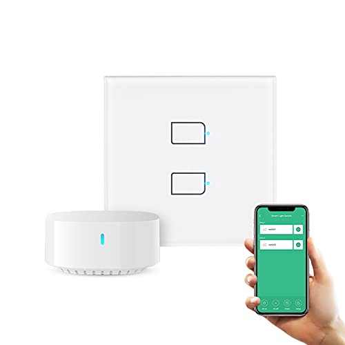 BroadlinkTC3 UK Standard Smart Light Switch Smart Home control Wifi Wall Switch,No Neutral，Works with Alexa Google Home IFTTT (2 Gang (With Hub), TC3)