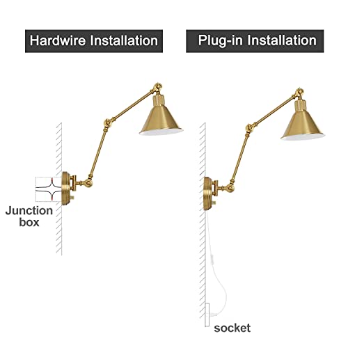 Image of TRLIFE Wall Sconces Plug in, Dimmable Wall Sconces Brushed Brass Swing Arm Wall Lights Plug in Wall Mounted Light Industrial Wall Lights with 6FT Plug in Cord, E26 Base, UL Listed(Two Arms, 2 Pack)