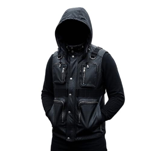 ZM ATTIRE Gilet tactique en cuir noir à capuche multi-poches, Black 3 - Faux gilet, XXL