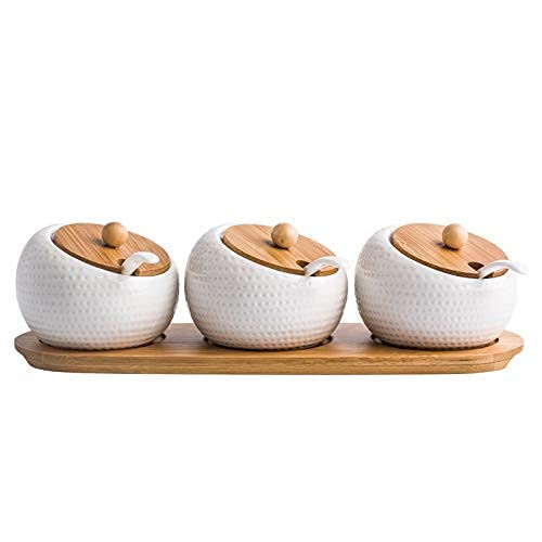 Agabani Porcelain Condiment Jar Spice Container with Lids - Bamboo Cap Holder Spot, Ceramic Serving Spoon, Wooden Tray - Best Pottery Cruet Pot for Your Home, Kitchen, Counter. White,170 ML