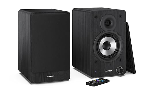 SHARP CP-SS30(BK) 60W RMS (2 x 30W) 2-Wege aktive Regallautsprecher – Kabellose Studiomonitore mit Bluetooth v5.0 Audiostreaming, USB-Wiedergabe, optischem Eingang, AUX- und...