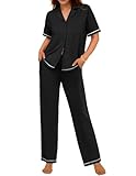 Ekouaer Cotton Pajamas Sets for Women 2 Piece Button Down Short Sleeve Pjs Set with Long Pants Lounge Set Soft Sleepwear(Black, L)