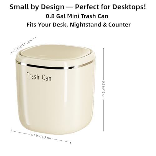 Image of 0.8 Gallon Mini Desktop Trash Can with Push-Open Lid, Small Countertop Waste Basket Includes 50 Bags，Eco-Friendly PP Little Garbage Can, Tiny Trash Bin for Office, Bedroom & Bathroom(White)
