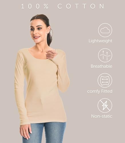 Comfneat Womens 2-Pack Pure Cotton Undershirts Long Sleeves Fitted Scoop Neck Tops Light Thermal Baselayers2