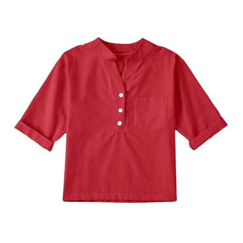 Girls Cotton Linen Shirts Elbow Length Sleeve V Neck Shirt Solid Tunic Blouse Button Down Tops School Uniform Shirts