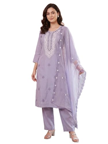 Image of INDO ERA Women's Silk Blend Solid Straight Kurta with Pant & Dupatta Set