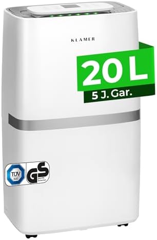 KLAMER Luftentfeuchter elektrisch 20L in 24h mit 5,5L Tank | Leiser Raumentfeuchter mit Smart Sensor, Timer & Wäschemodus, bei Schimmel, Feuchtigkeit & Kondenswasser