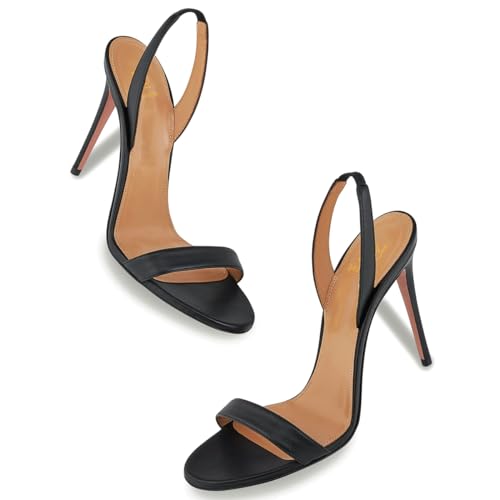 LEHOOR Women Slingback Stiletto Heels Dress Sandals Backless Strappy Heeled Sandal Open Round Toe Formal Sandals 4 Inch High Heel Elastic Ankle Strap Classy Evening Sandals for Wedding Party 4-11 M US