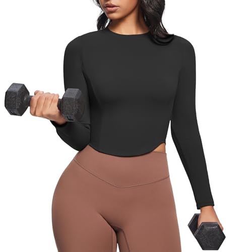 Aoxjox Long Sleeve T-Shirt for Women GEO Seamlines Padded Baby Tee Workout Crop Top2