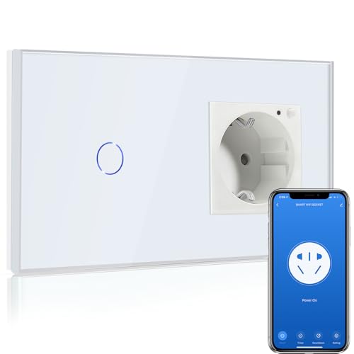 BSEED Interruttore della luce Smart Alexa, interruttore della luce WiFi con presa, compatibile con Alexa, Google Home, in vetro, 1 scomparto a 1 via, bianco (cavo neutro)