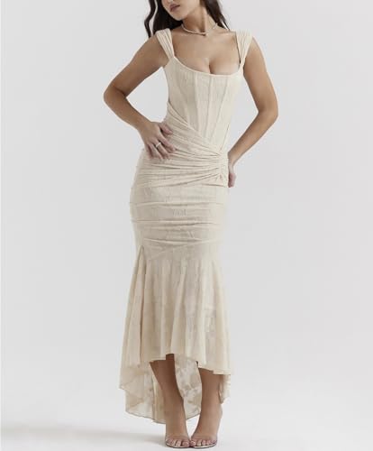 AskmAn New Lace Fishbone Suspender Skirt Slim Fit Hip-Hugging Fishtail Dress French Skirt for Women (Color : Beige, Size : Large)3