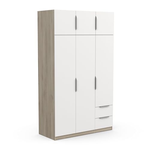Armoire Dressing avec Penderie Moderne 6 Portes 5 Etagères 2 Tiroirs – Coloris Chêne Kronberg & Blanc Mat - 119,4 x 51,1 x 203 cm