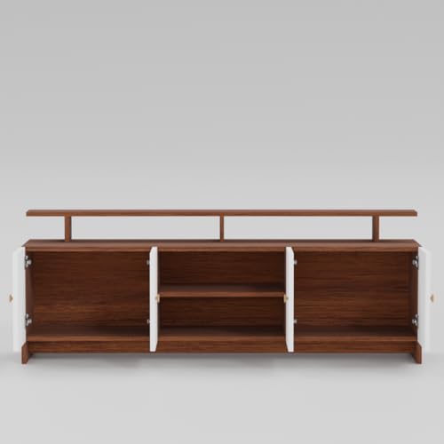 Image of Modern TV Unit for Living Room | Wooden TV Cabinet with Open Shelf & Storage | Entertainment Unit | Assembly-DIY | Color-Cherry Pine & White