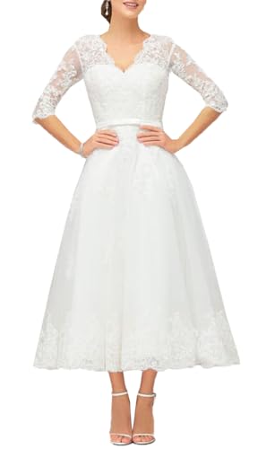 Lace Tea Length Wedding Dresses for Bride A-Line Long Sleeve Bridal Gown Appliques Formal Evening Gowns