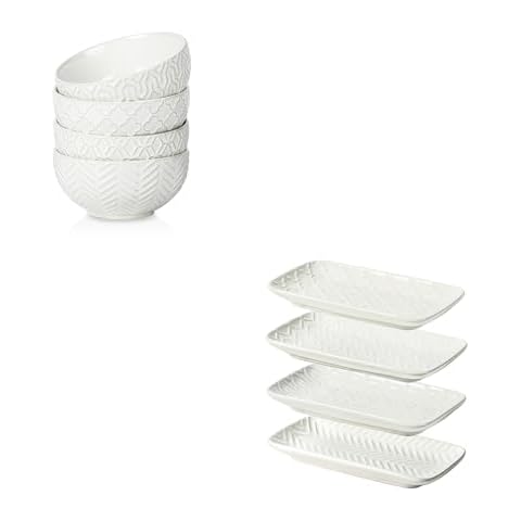 Sureasy 5.9 Inch Cereal Bowls + 8 inch Rectangular Salad Plates, Set of 4, White Cover