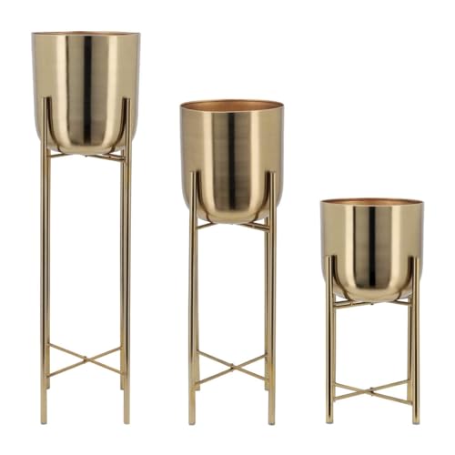 Image of Bee Creative Metal Floor Plant Pot Set of 3 Ideal for Indoor Outdoor Home Decor Round Planter with Metal Plant Stand