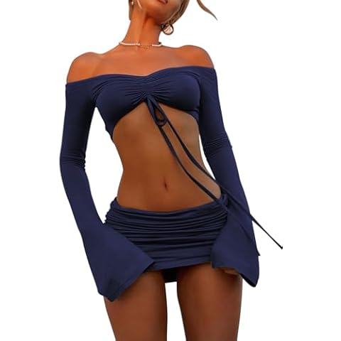 ccisppal Women’s 2 Piece Set Long Sleeve Off Shoulder Crop Top Bodycon Mini Club Party Yk2 Skirt Set Cover