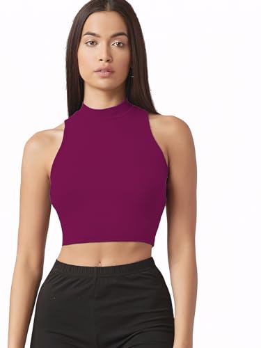 Image of Sugathari Women's & Girls' Solid Ribbed High Neck Sleeveless Crop Tops for Women (Top 37)