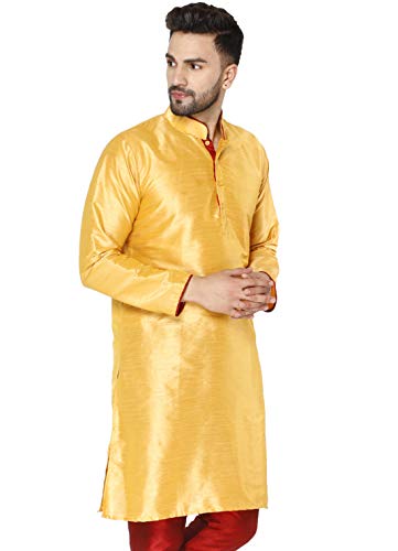 Image of Men's Art Silk Woven Design Long Kurta Mandarin Collar Straight Shirt
