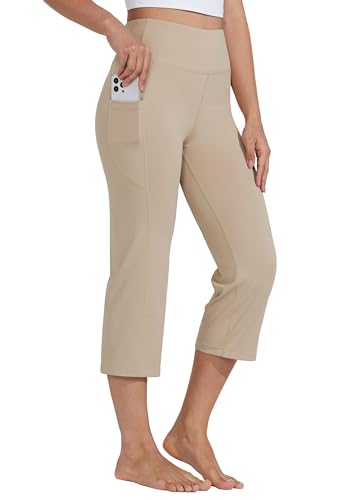 WILLIT Caprihose Damen Yogahose Sporthose Capri Leggings High Waist Hosen Crop gerades Bein Sommerhose Freizeithose Sport Übung Workout 21 mit Taschen Khaki XL