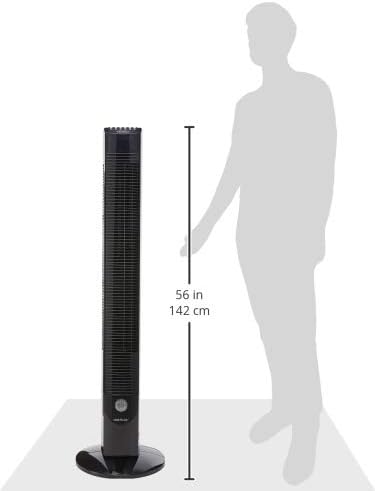Diagram showing the dimensions of the EuropAce ETF 1129 Tower Fan in relation to a human figure