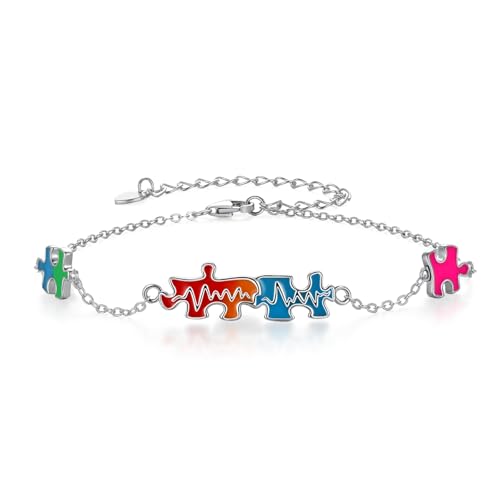 Autism Awareness Bracelet Puzzle Piece 925 Sterling Silver Inspirational ASD Support Bracelet Unique Autism Awareness Gifts