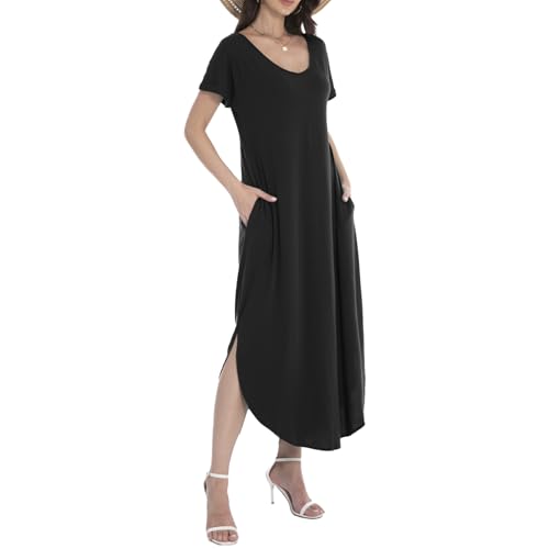 Image of Matchstick Women's Flowy Maxi Dress V-Neck Relaxed Loose Fit Short Sleeve Casual Sundress with Pockets Side Split Beach Dress