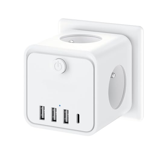 7 en 1 Multiprise Murale, Multiprise avec 3 Prises Française, Prise Multiple Secteur avec 1 Type C et 3 Ports USB, Multiprise Cube pour Domicile, Bureau.