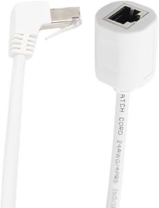 CAT6 Ethernet Extension Cable,90 Degree RJ45 Cords Shielded Male to Female Ethernet Patch Cable，Support Bandwidth Up to 250mhz,24AWG,White (UP Angle, 1.6FT)