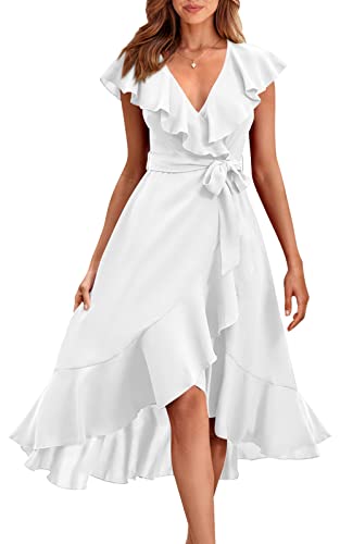PRETTYGARDEN Women's Summer Wrap V Neck Split Party Dress Ruffle Short Sleeve Midi Dress with Belt Casual Long Dresses (White,Small)