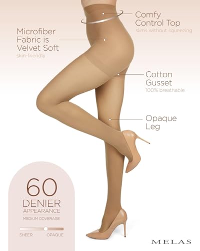 Image of Melas 6-Pack Women's Tights, 60 Denier, Opaque, Microfiber Control Top Tights, Soft & Durable - Sizes XS to Q2