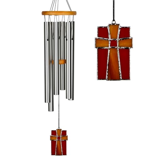 Woodstock Wind Chimes for Outside Outdoor Decor Garden Patio and Front Porch Decor (28) Memorial Sympathy Wind Chimes Amazing Grace Wind Chime Stained Glass Cross Christmas Gifts (AGS)