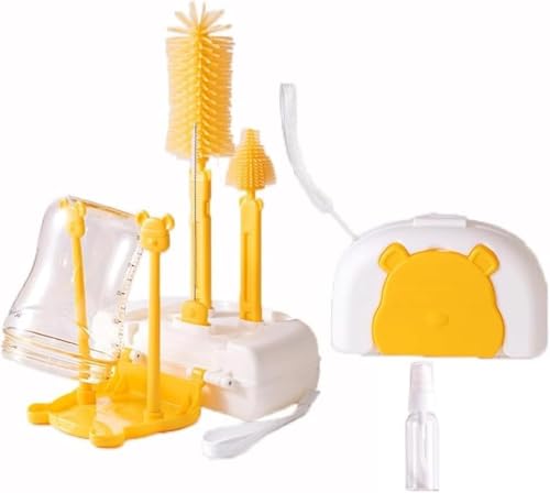 Euiuxoy旅行用哺乳瓶ホルダー 哺乳瓶ブラシ、哺乳瓶専用たわし、乳首ブラシ、ストローブラシ内蔵 収納・水切り 携帯用哺乳瓶たわしバッグ 赤ちゃん旅行の必需品 8点セット クチナシイエロー (イエロー)