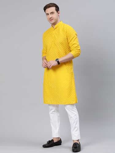 Image of Majestic Man Men's Cotton Blend Regular Fit Casual Polyester Mandarin Collar Ethnic Motifs Embroidered Long Regular Kurta