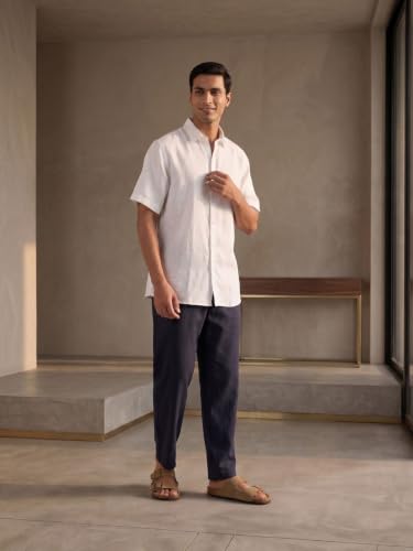 Image of SAADAA Men's 100% Cotton Pants | Mid-Rise Straight Fit Casual Trousers with Elastic Waistband and 3 Pockets | Everyday Wear