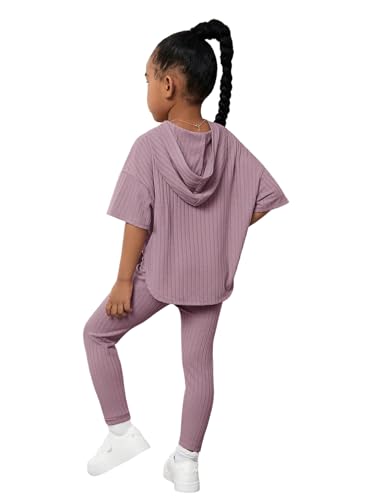 Image of Floerns Girls 2 Piece Outfit Solid Hooded Tee Shirt with Leggings Pants Set