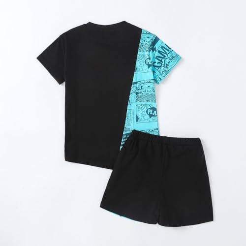 Image of OLMRJKD Boys 2 Piece Outfits Short Sleeve Colorblock T-shirt and Shorts Summer Casual Clothes for 6-12 Years