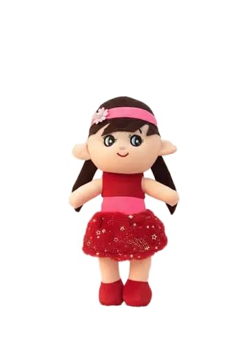 Soft Stuffed Girl Doll Plush Toy in Red Dress with Headband | Plush Fabric, Dark Hair Design, Kids Toy, Sparkling Skirt, Huggable Doll-image-11