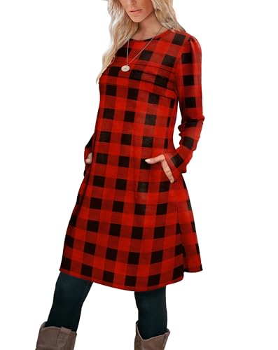 Image of OFEEFAN Womens Long Sleeve Tunic Dress Fall Fashion Sweater Dress with Pockets Pleated Front Casual Winter