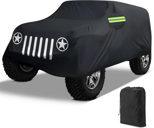 Grille Pattern 420D Oxford Fabric Waterproof Car Cover for Wrangler 2 Door 1987-2025 JK JL CJ YJ TJ Waterproof Sun Rain Protection (Black Fit for Jeep Wrangler 2 Door, Custom Fit for Jeep Wrangler)