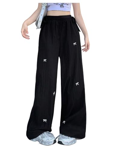 SweatyRocks Women's Bow Pants Drawstring High Waist Wide Leg Casual Loose Trousers